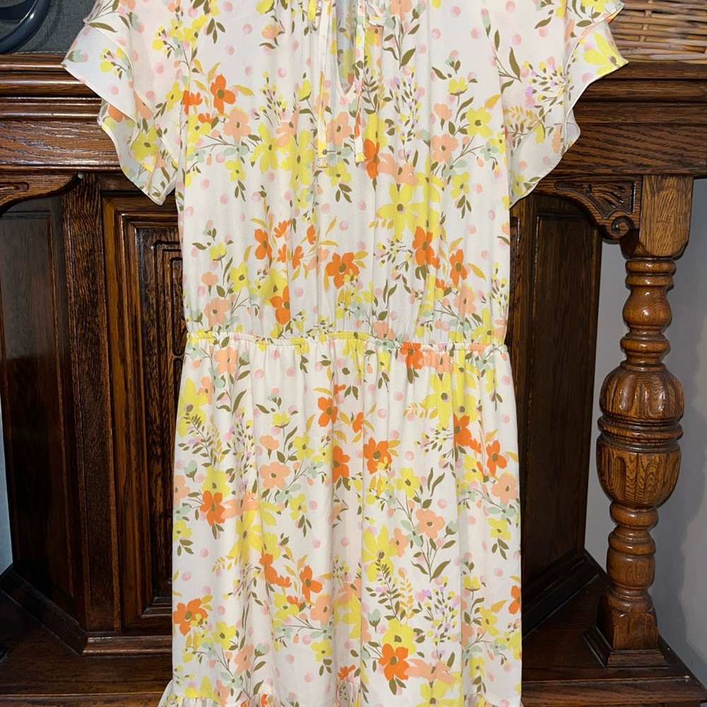 LC Lauren Conrad Cream Floral Dress with Yellow and Orange Blooms